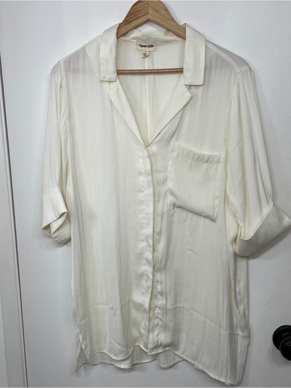 Open Edit Women's Cream Satin Button Front Blouse